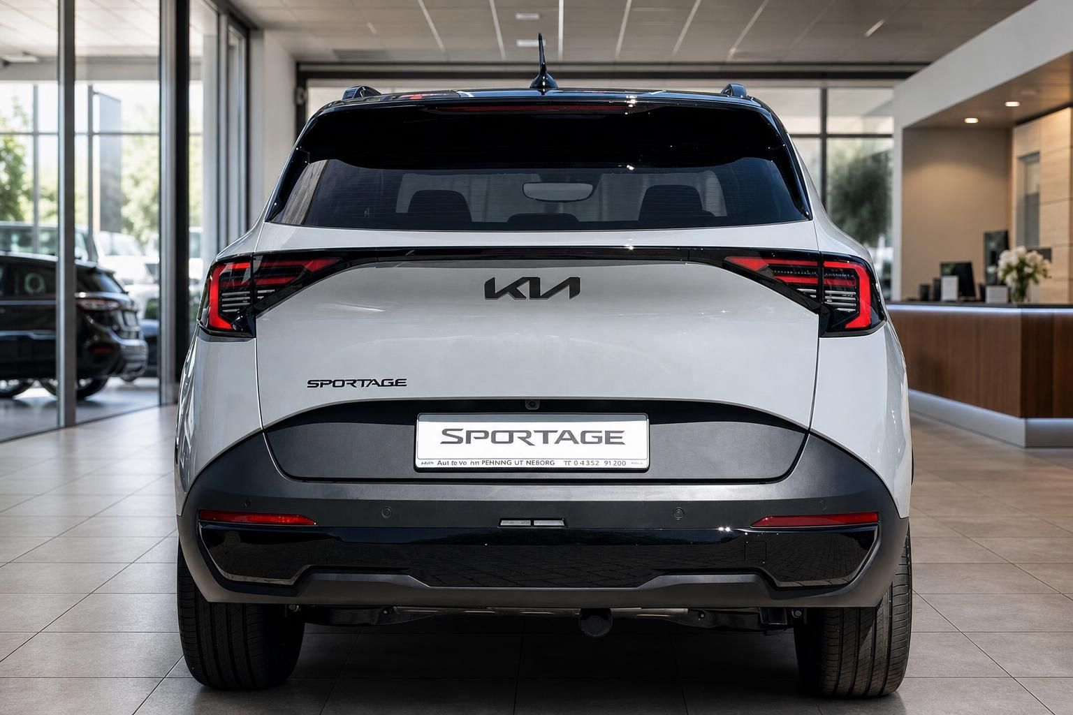 Kia Sportage weiß, Heckansicht mit LED-Rückleuchten im Showroom