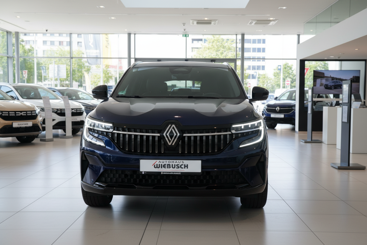 Renault Espace in Dunkelblau Frontansicht im Autohaus Wiebusch Showroom