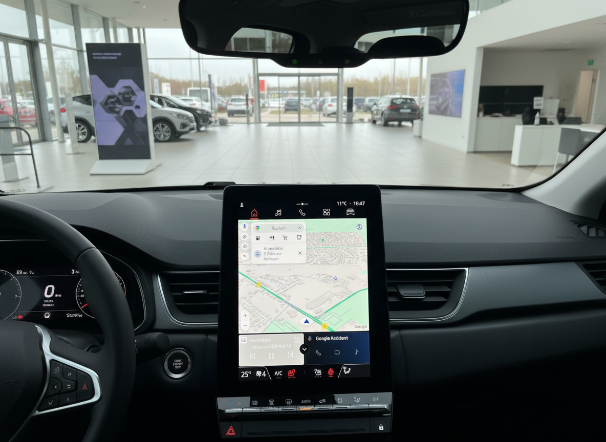 Renault Innenraum mit großem Touchscreen-Infotainmentsystem und Google Maps Navigation im Autohaus