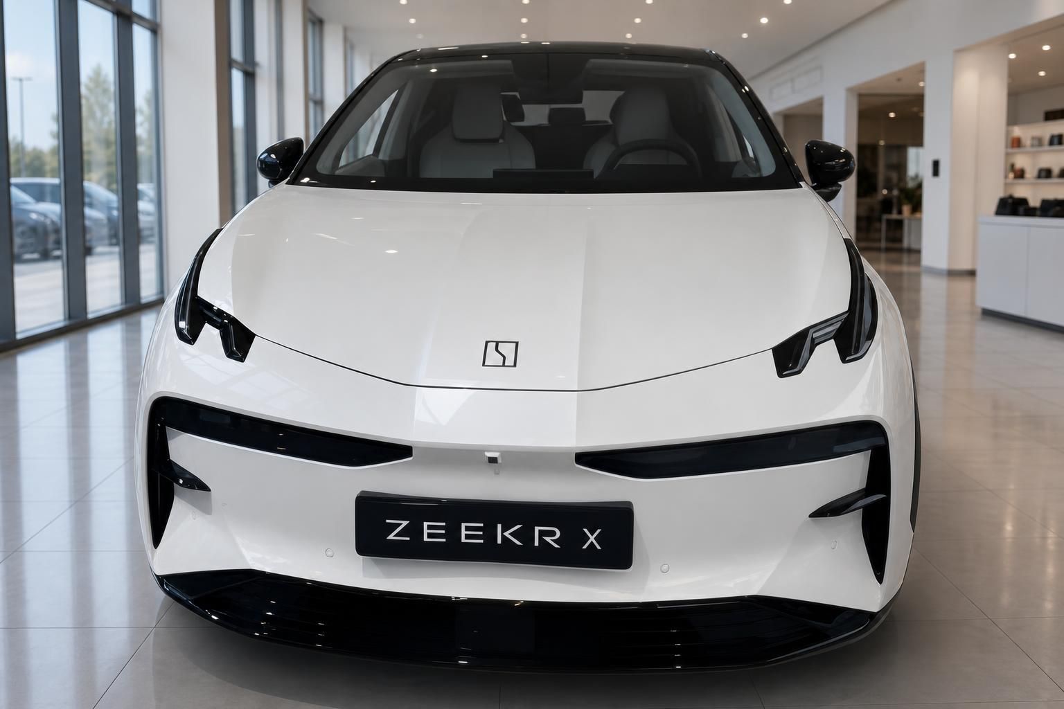 Zeekr X in Weiß, Frontansicht im modernen Showroom