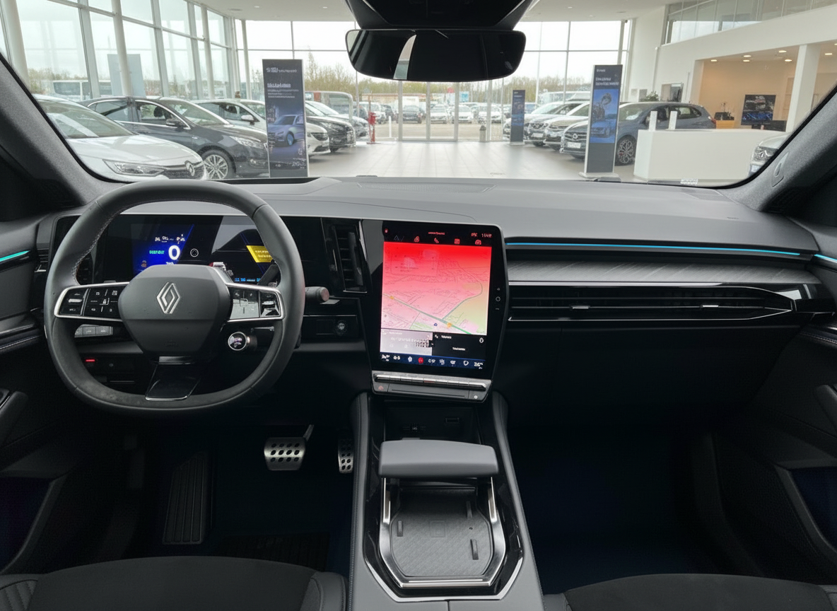 Renault Innenraum mit digitalem Cockpit und großem Touchscreen-Infotainmentsystem im Autohaus