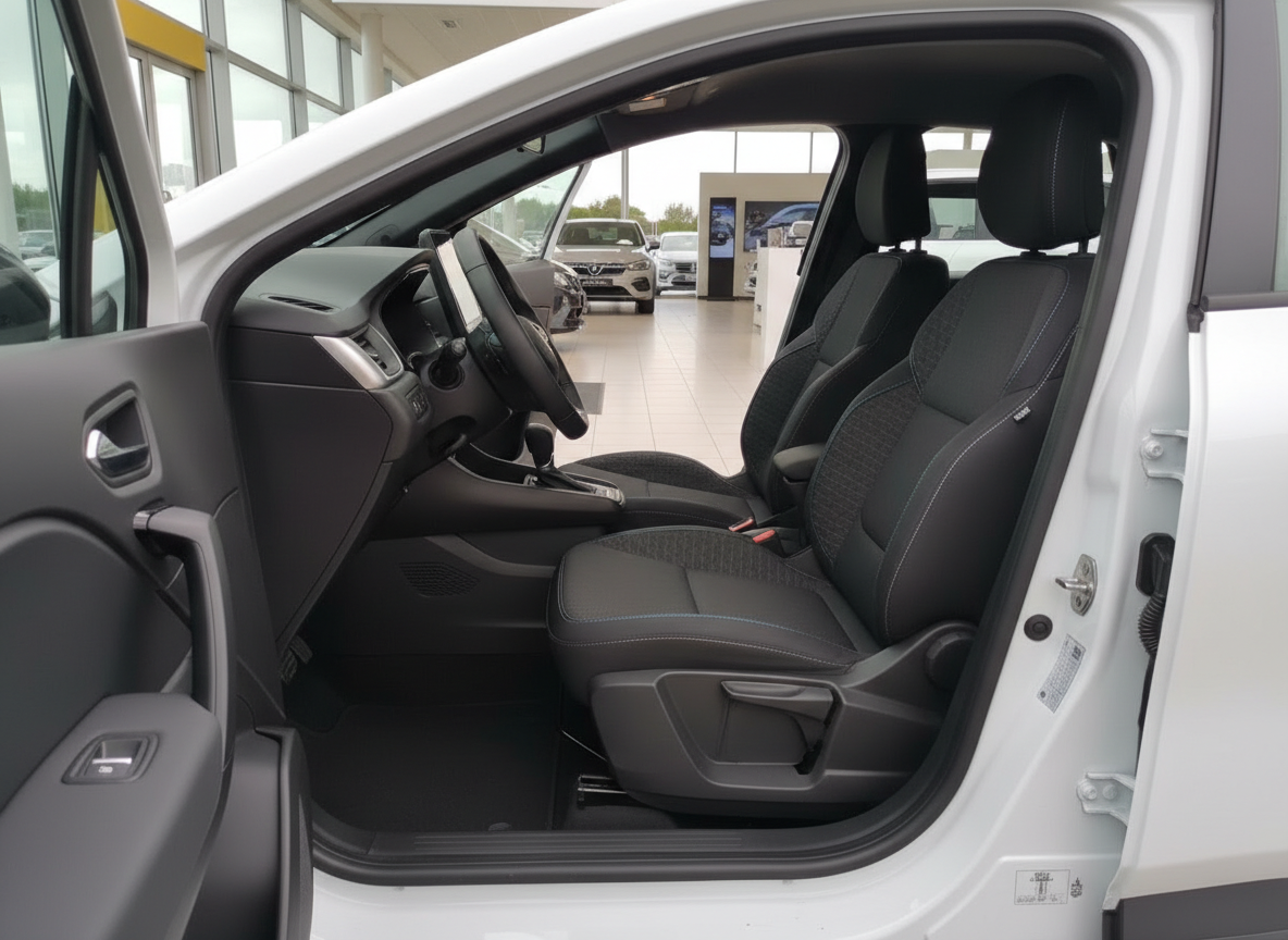 Innenraum eines weißen Fahrzeugs mit schwarzen Sportsitzen und modernem Cockpit im Autohaus