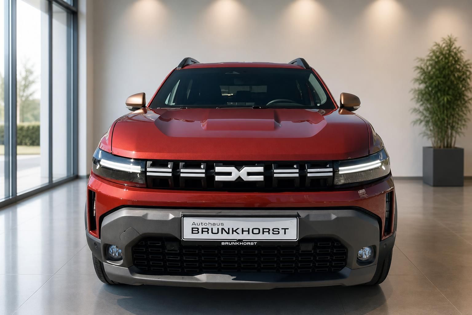 Dacia SUV Frontansicht in rot-orange mit charakteristischem Kühlergrill im Autohaus