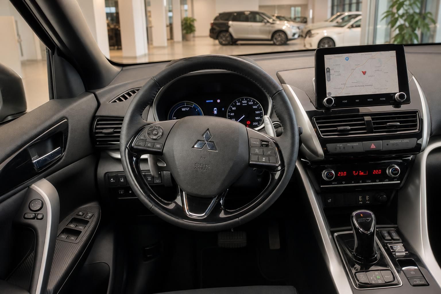 Mitsubishi Cockpit mit Lenkrad und Touchscreen Navigation