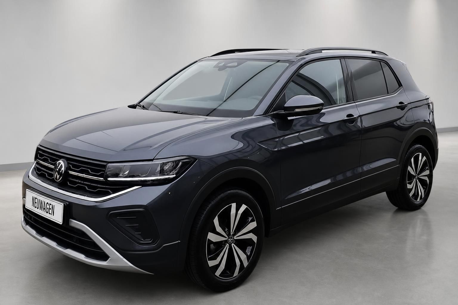 VW T-Cross dunkelgrau Seitenansicht Neuwagen mit Panoramadach