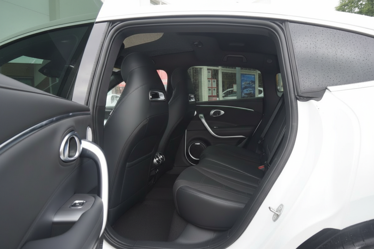 Fahrzeuginnenraum hinten mit schwarzen Ledersitzen und geöffneter Tür