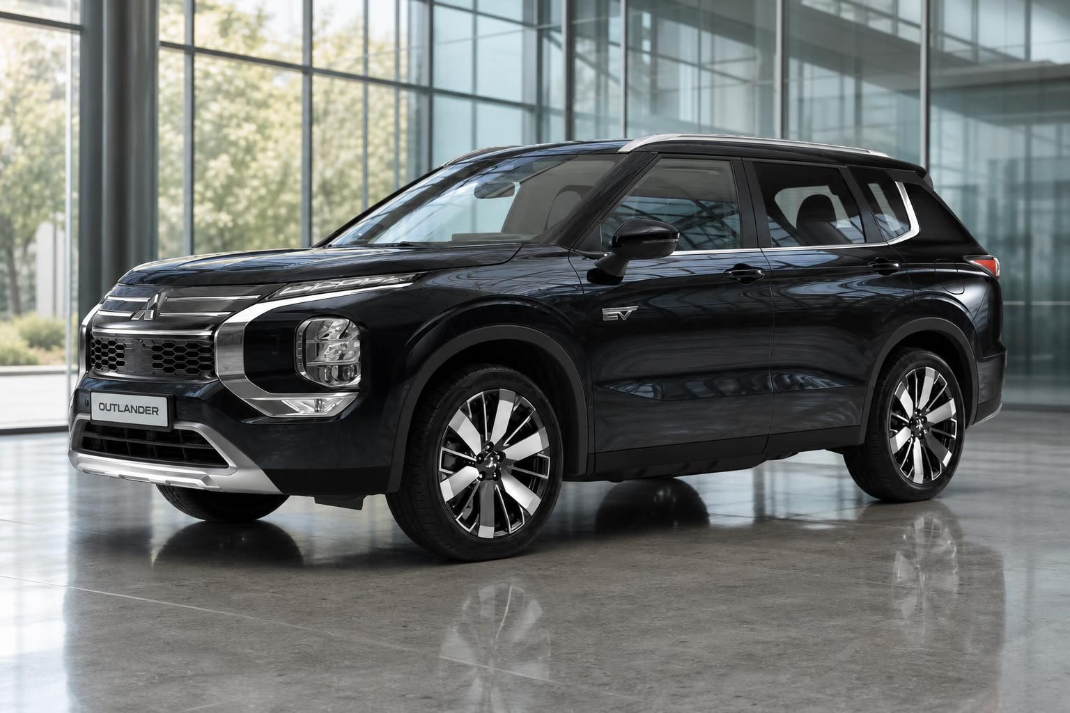 Mitsubishi Outlander schwarz Frontansicht im Glas-Showroom