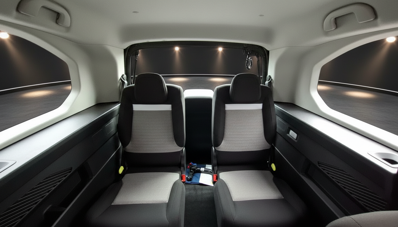 Fahrzeug Innenraum Rücksitzbank mit grau-schwarzen Stoffsitzen und Sicherheitsgurten