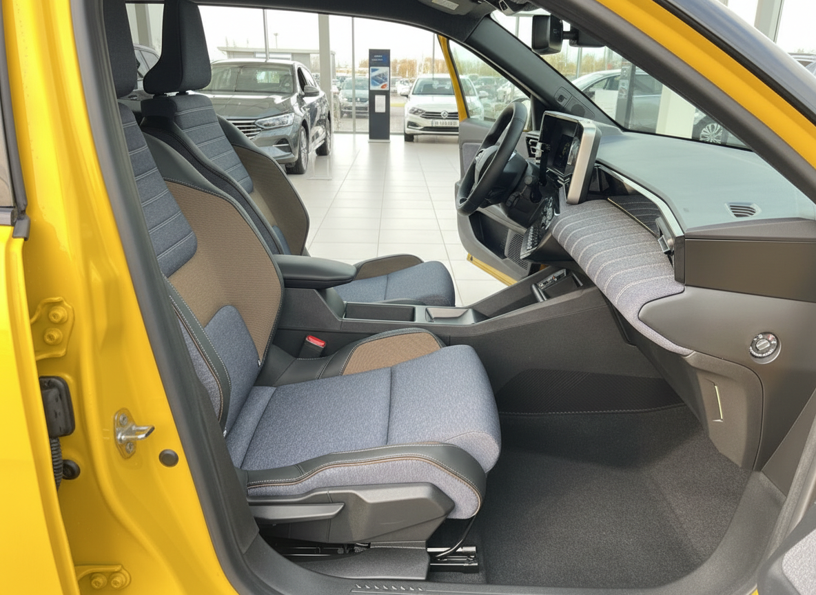 Renault Innenraum gelb – Fahrer- und Beifahrersitz in Blau-Grau mit modernem Cockpit