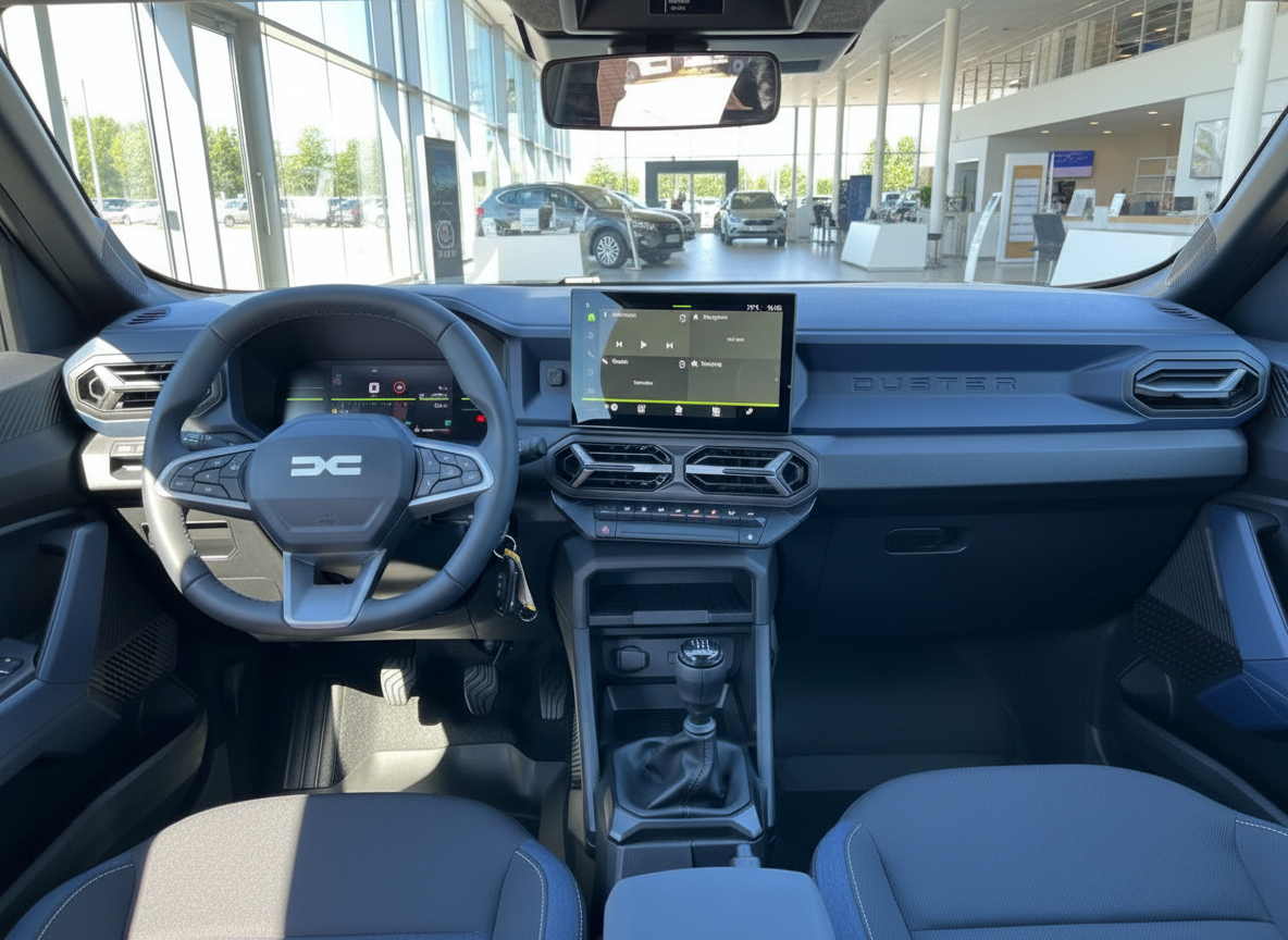 Dacia Duster Innenraum mit digitalem Cockpit und Infotainment-Bildschirm im Autohaus