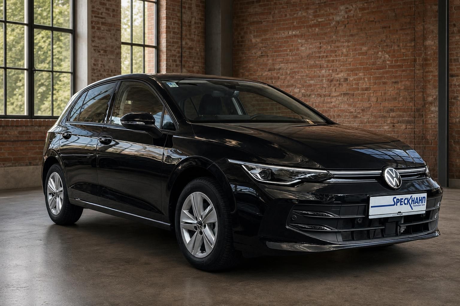 VW Golf schwarz Frontansicht seitlich in Industriehalle