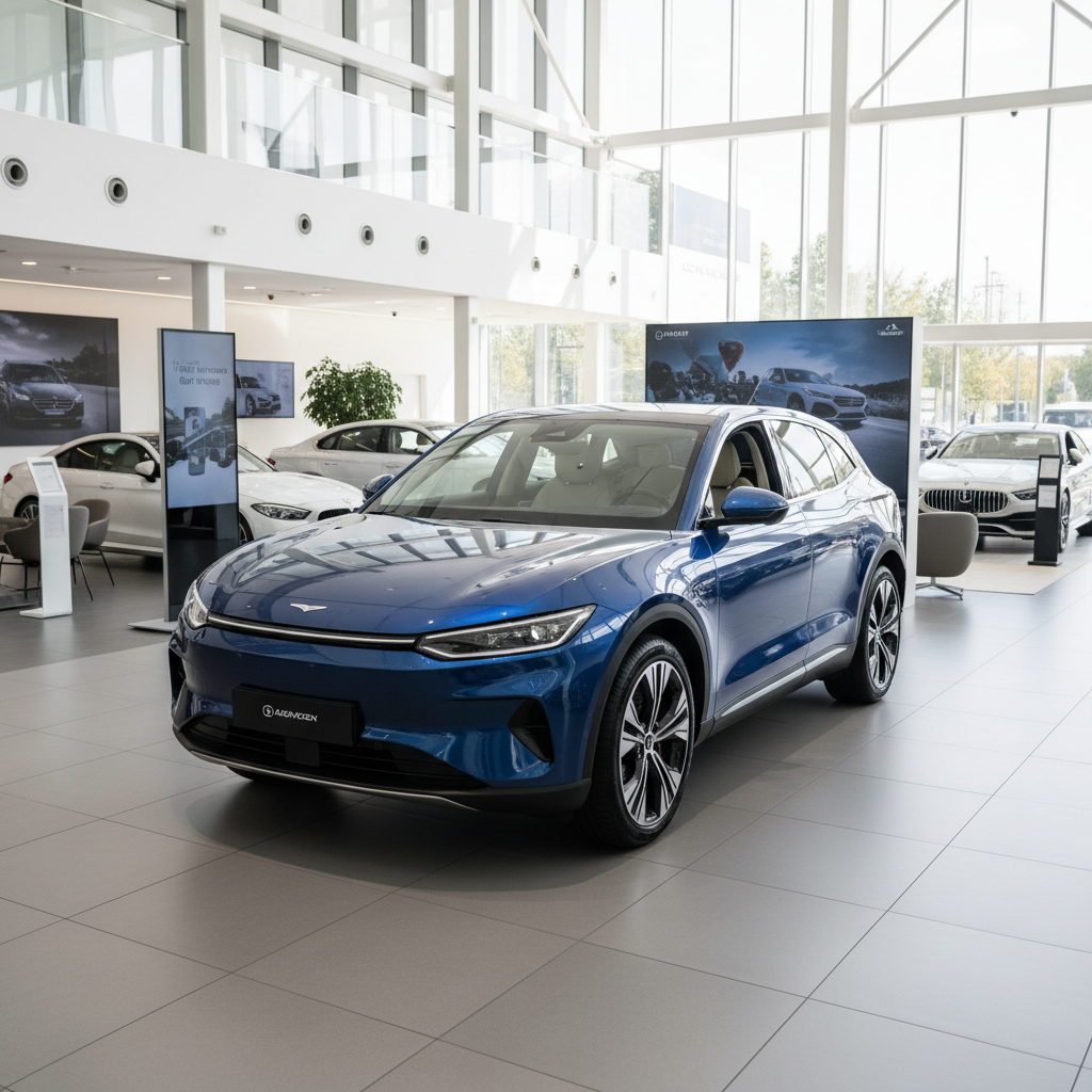 Blauer BYD Atto 3 Elektro-SUV im Autohaus Showroom Frontansicht