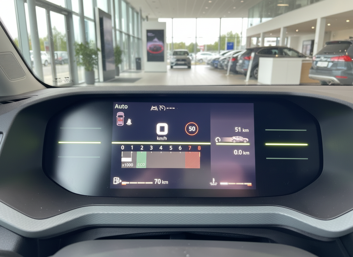 Digitales Kombiinstrument Innenraum Fahrzeugdisplay mit Tachometer und Fahrerassistenzsystemen
