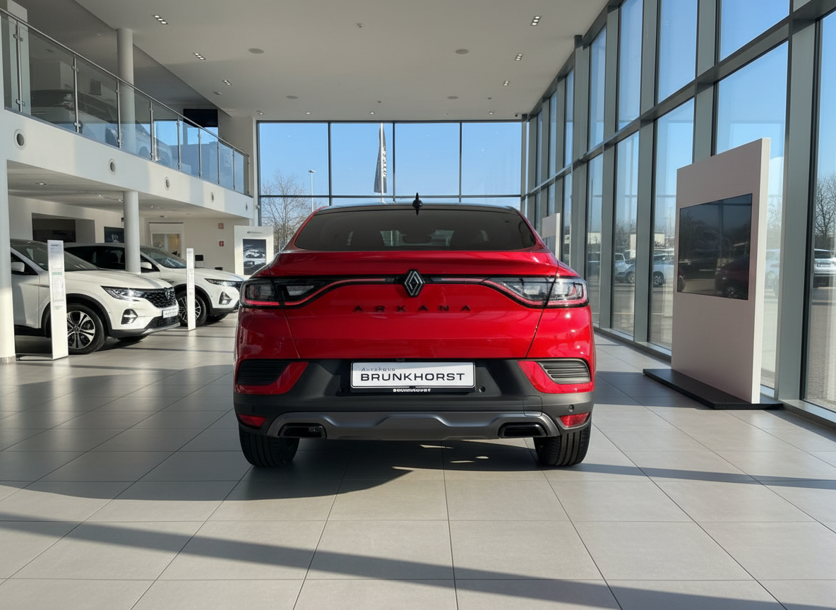 Roter Renault Arkana SUV-Coupé Heckansicht im Autohaus Brunkhorst Showroom