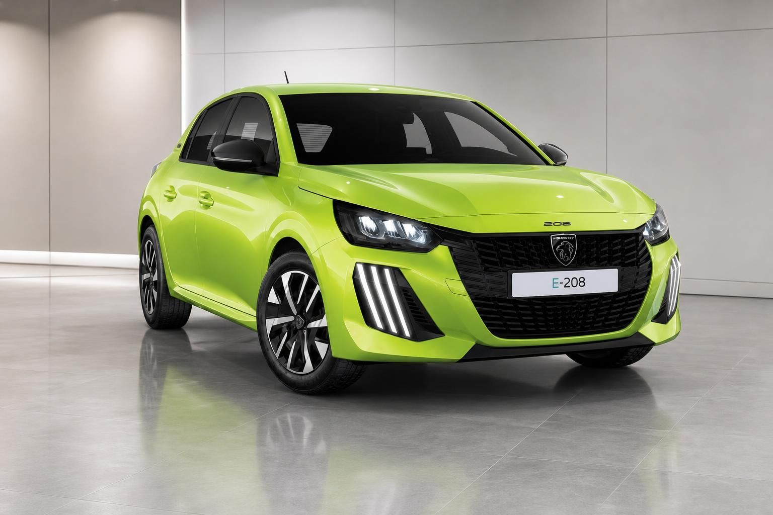 Peugeot E-208 in Gruen, Frontansicht mit LED-Scheinwerfern