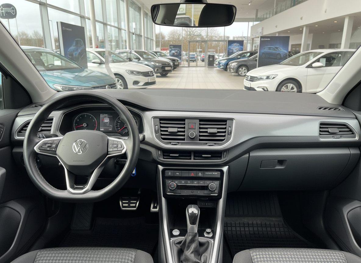 Volkswagen T-Roc Innenraum mit Cockpit, Multifunktionslenkrad und Automatikgetriebe im VW-Autohaus