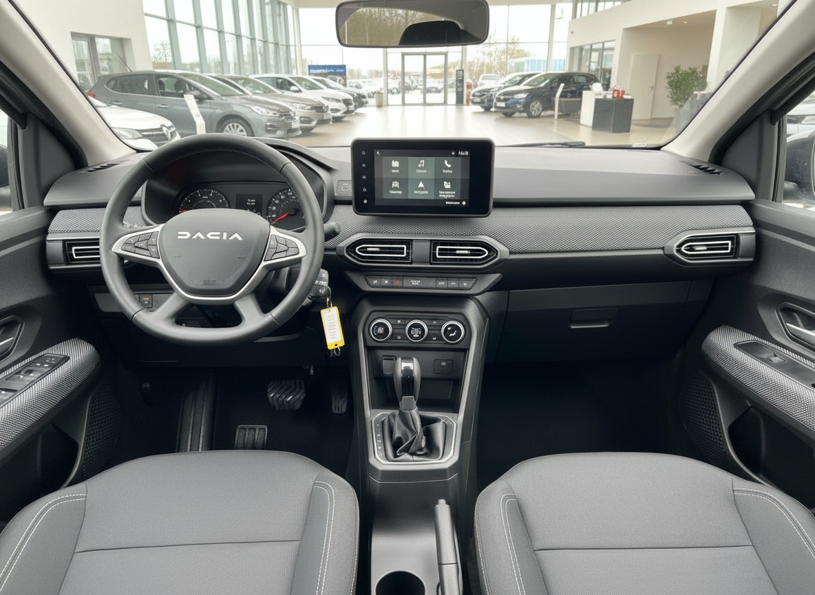 Dacia Innenraum mit Lenkrad, Infotainment-Display und Schaltgetriebe in grauem Interieur