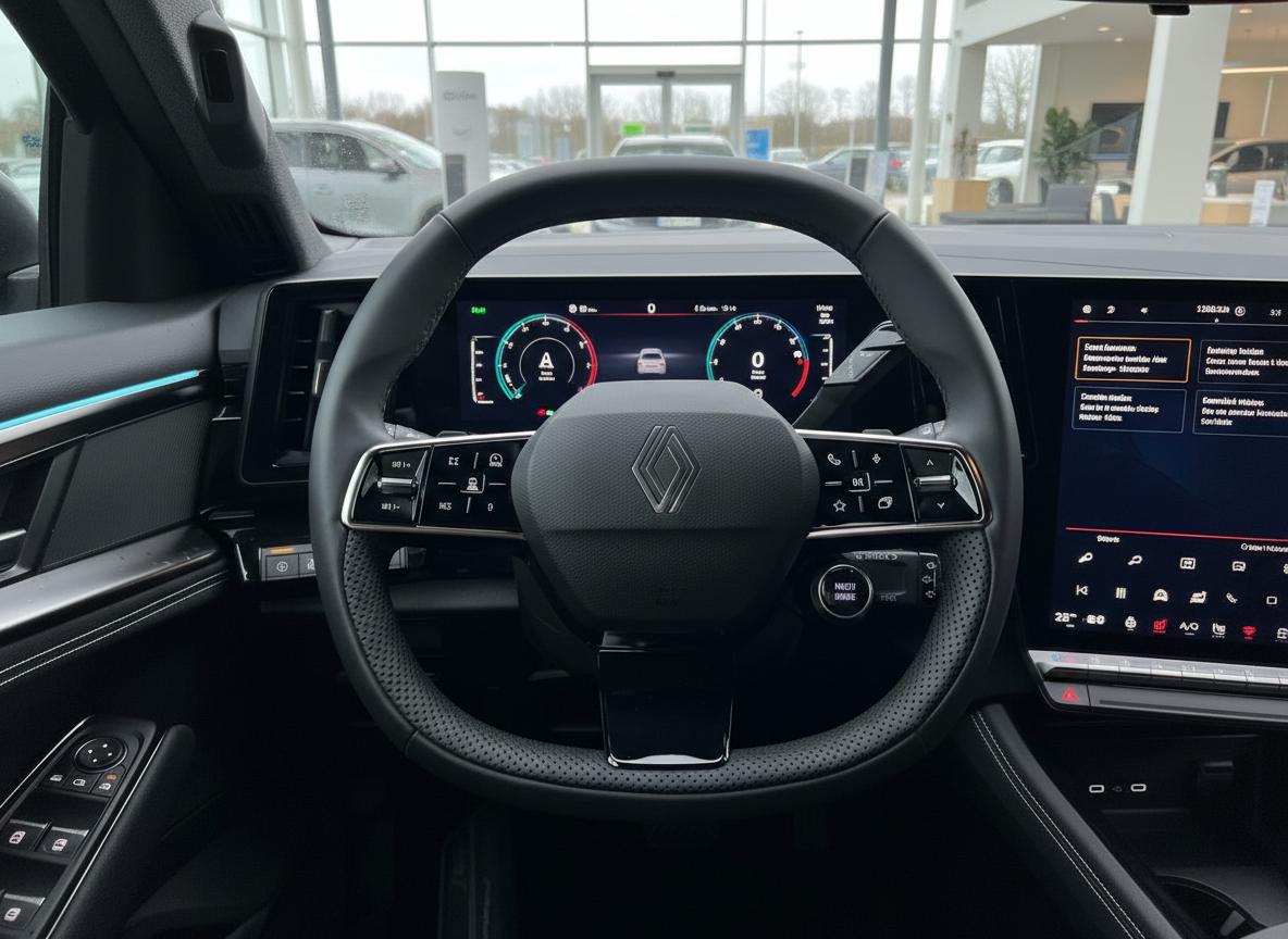 Renault Innenraum mit Lenkrad, digitalem Cockpit und großem Infotainment-Touchscreen im Autohaus