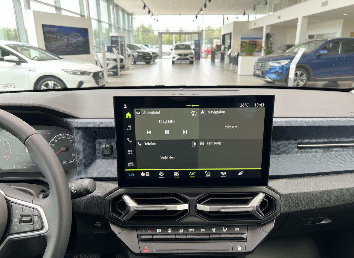 Volkswagen Innenraum mit Infotainment-Touchscreen im Autohaus, Audiodatei und Navigation aktiv