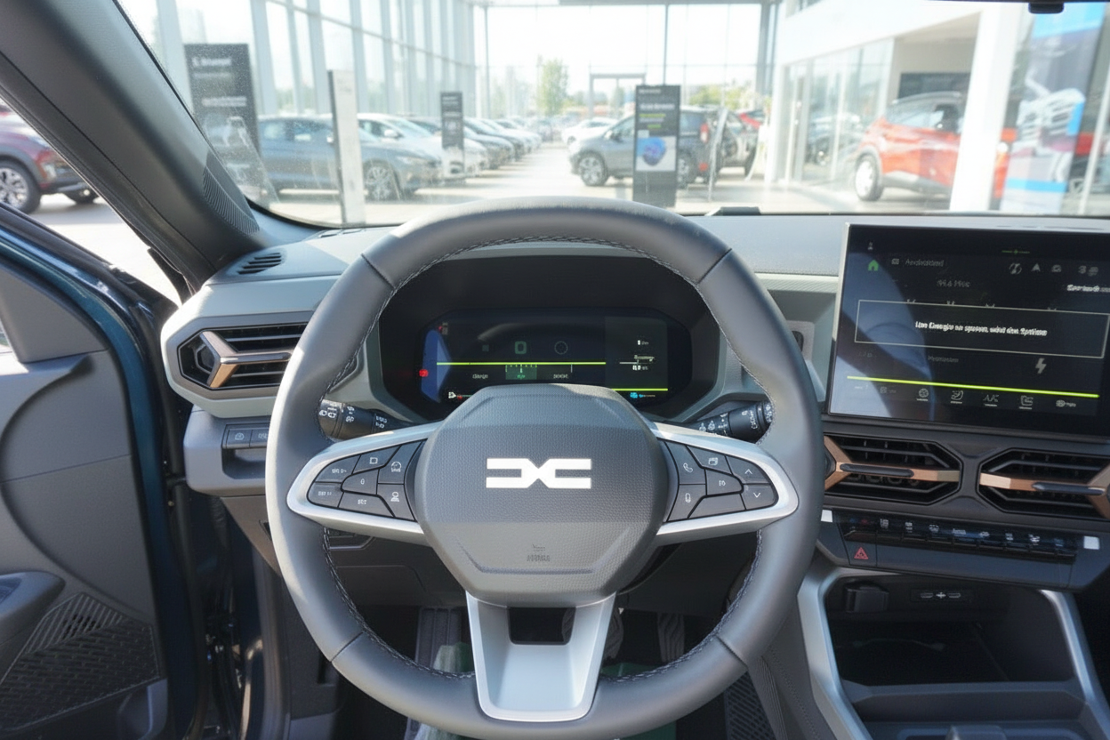 Dacia Innenraum mit Lenkrad und digitalem Cockpit im Autohaus