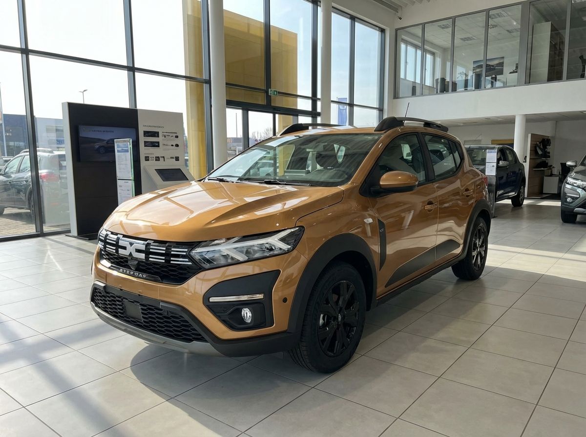 Dacia Sandero Stepway in Bronze-Orange im Autohaus Showroom mit schwarzen Felgen