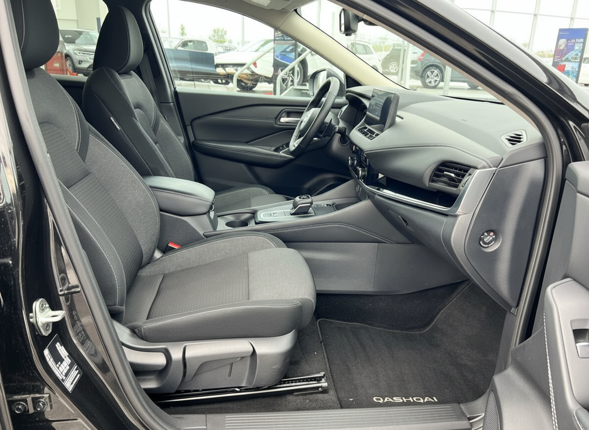 Nissan Qashqai Innenraum Beifahrerseite mit schwarzen Stoffsitzen und modernem Cockpit