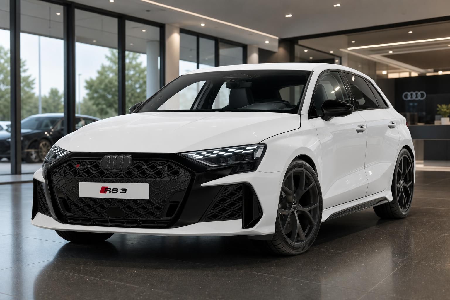 Audi RS3 Sportback weiss Frontansicht schraeg im Autohaus mit RS-Wabengrill und schwarzen Felgen