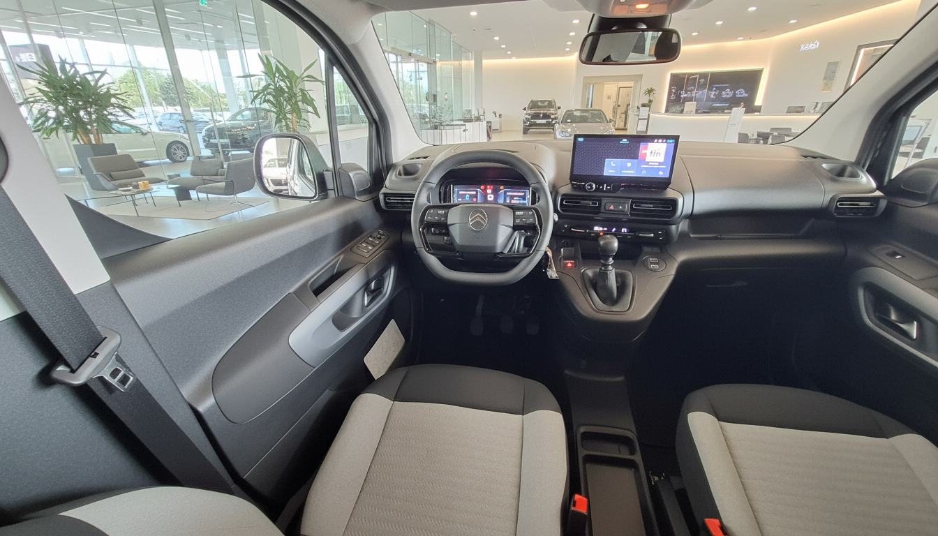 Innenraum des Citroën Berlingo mit modernem Cockpit, digitalem Kombiinstrument, Touchscreen-Infotainmentsystem, zweifarbigen Stoffsitzen in Grau-Beige und Blick durch die Windschutzscheibe auf einen Citroën Showroom
