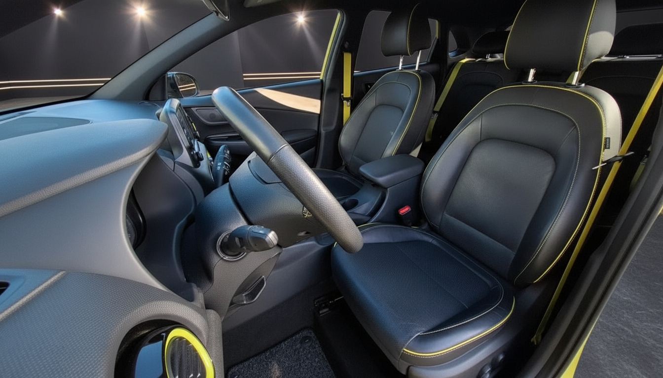 Fahrzeuginnenraum mit schwarzen Ledersitzen und gelben Akzenten, modernes Cockpit