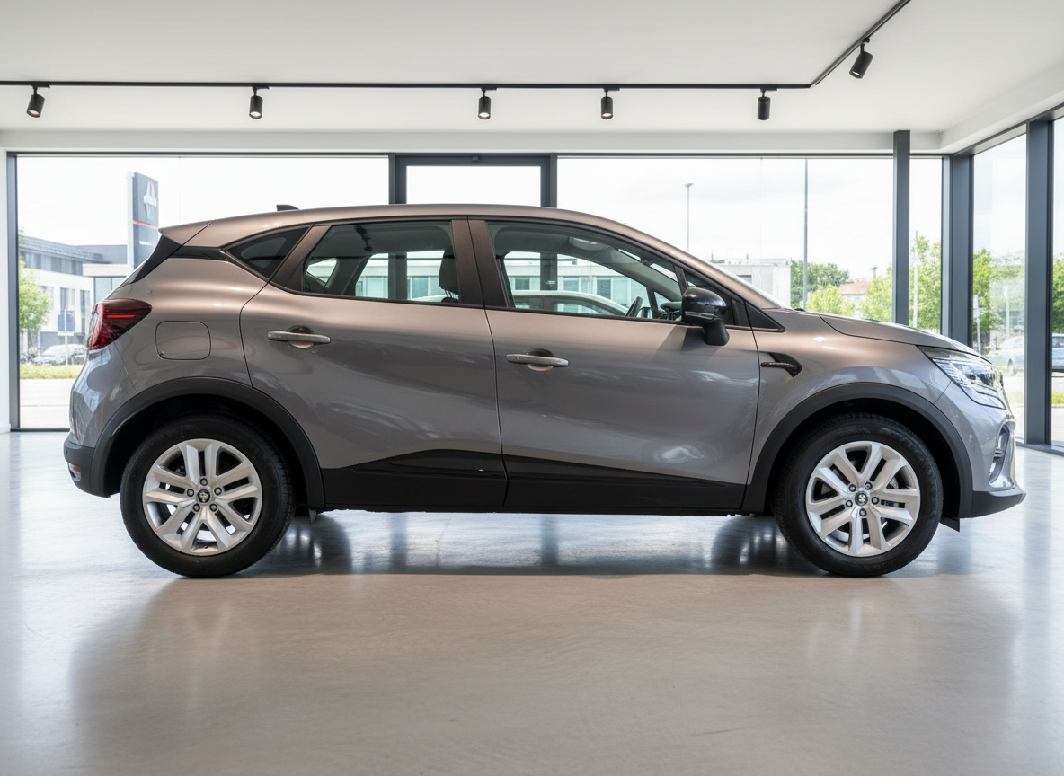 Renault Captur in Grau-Braun Metallic, Seitenansicht im Autohaus-Showroom
