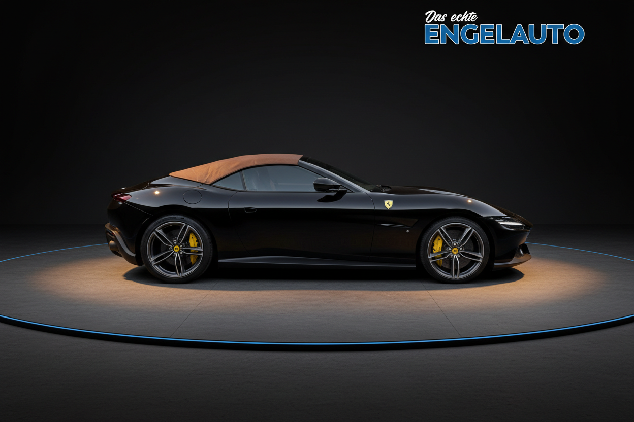 Ferrari Roma Spider in Schwarz mit braunem Stoffverdeck - Seitenansicht des Luxus-Cabrios mit gelben Bremssätteln und markanten Felgen bei Engelauto