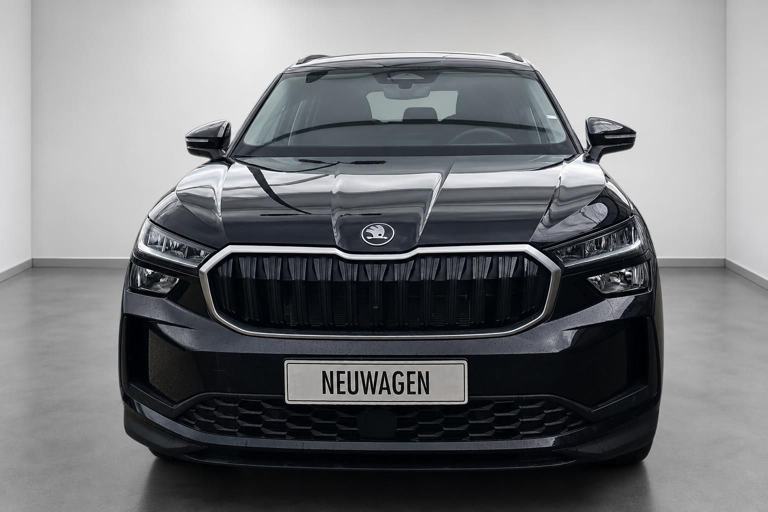 Skoda SUV schwarz Frontansicht mit markantem Kuehlergrill im Studio