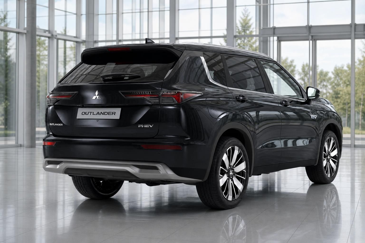 Mitsubishi Outlander PHEV schwarz Heckperspektive vor Glasfassade