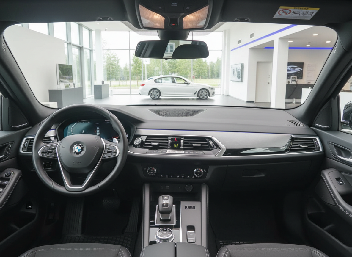 BMW Innenraum mit Lenkrad, Armaturenbrett und Mittelkonsole im Autohaus