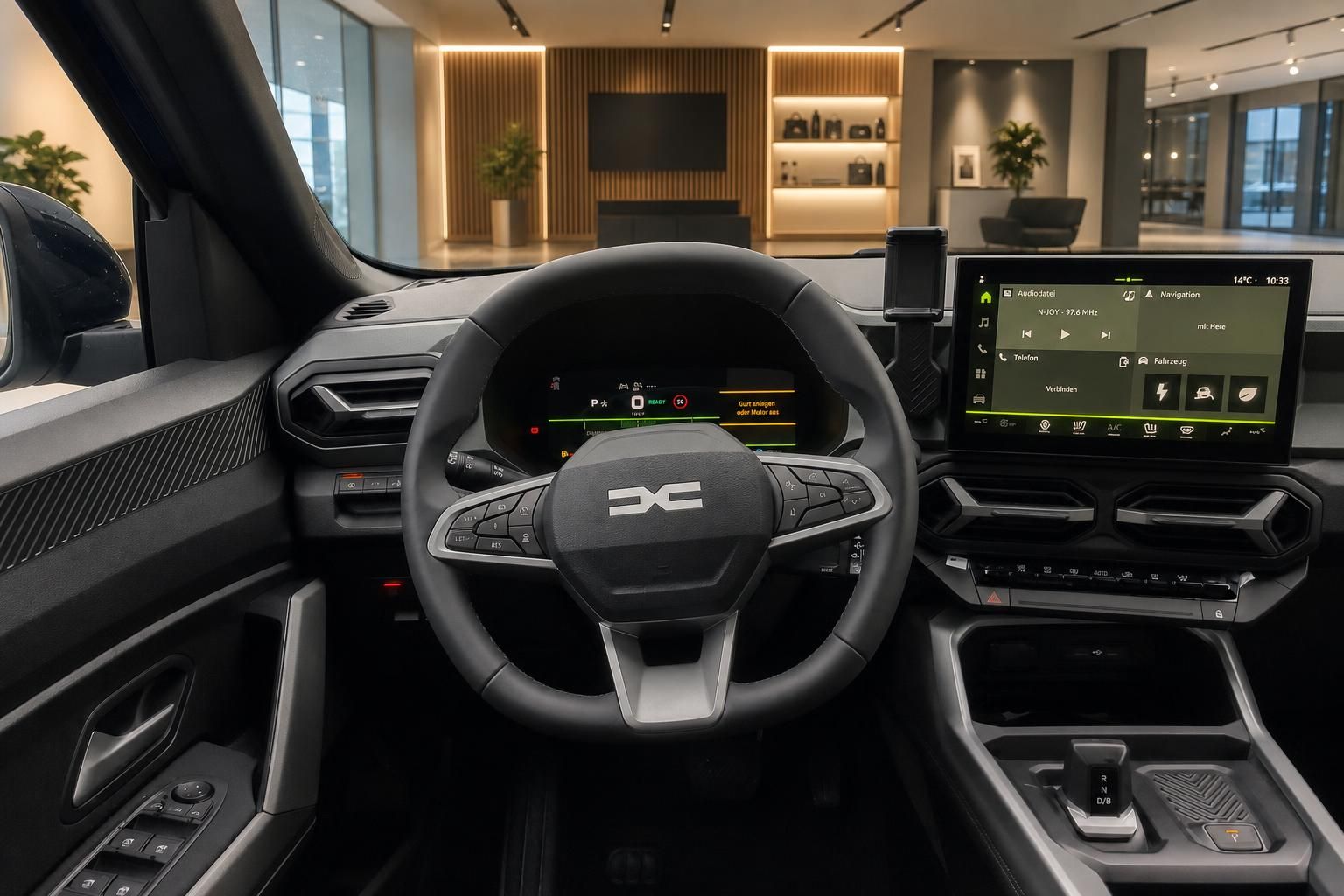 Modernes Cockpit mit digitalem Kombiinstrument und Touchscreen-Infotainment im Autohaus-Showroom