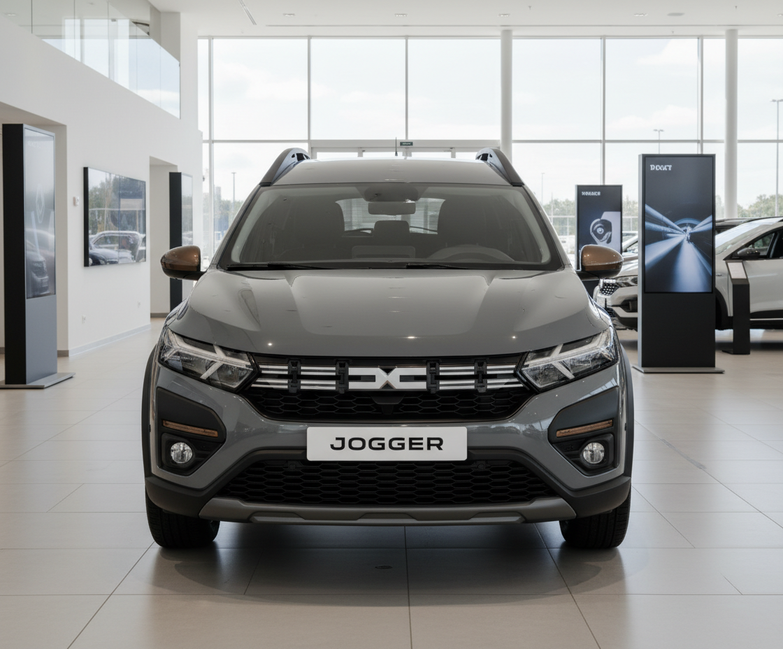 Grauer Dacia Jogger Frontansicht im Autohaus Showroom mit neuem DC-Logo