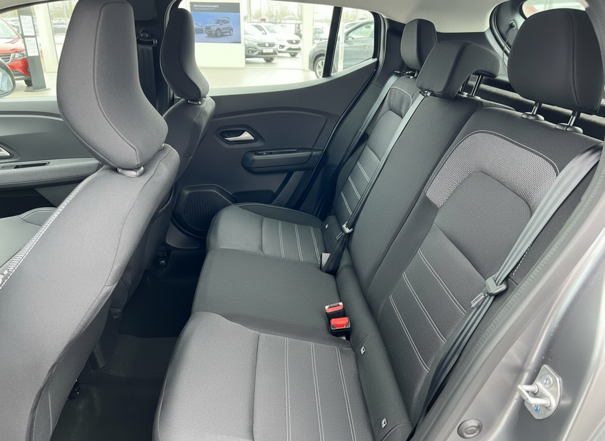 Rücksitzbank Dacia Sandero Innenraum schwarze Stoffsitze mit hellen Ziernähten