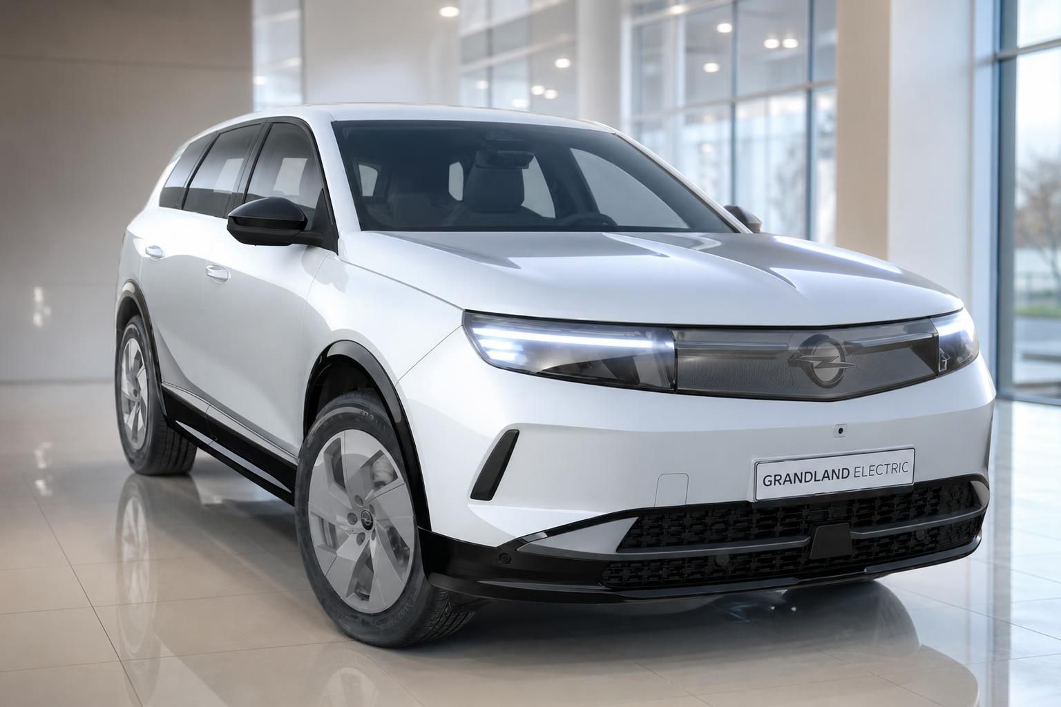 Opel Grandland Electric in Weiß, Frontansicht im Autohaus