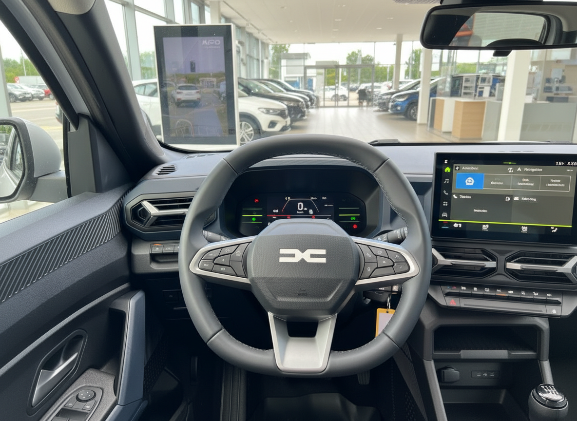 Dacia Innenraum mit Lenkrad, digitalem Cockpit und Touchscreen-Infotainmentsystem im Autohaus