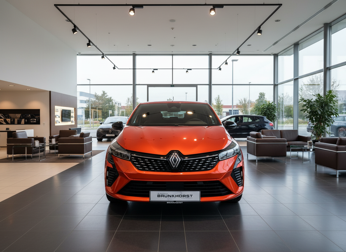 Orangefarbener Renault Clio Neuwagen in modernem Autohaus Brunkhorst Showroom mit großen Fensterfronten und eleganter Sitzecke