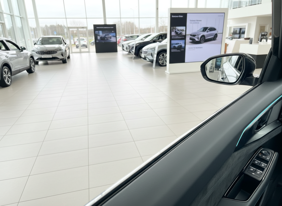 Volkswagen Autohaus Innenraum mit mehreren SUV-Modellen im Showroom, Blick aus Fahrzeuginnenraum