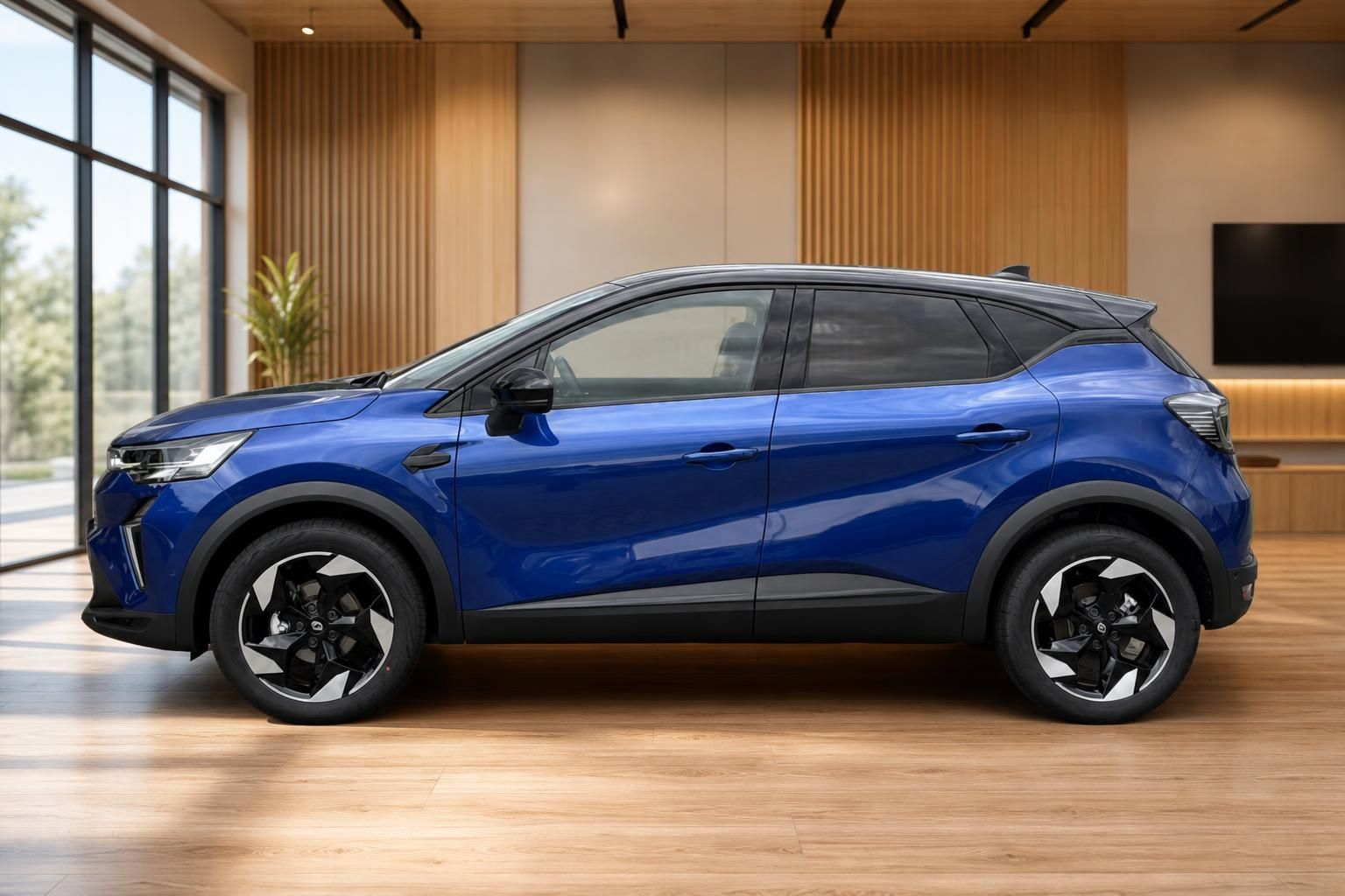Renault Captur blau Seitenansicht – kompakter SUV in modernem Showroom