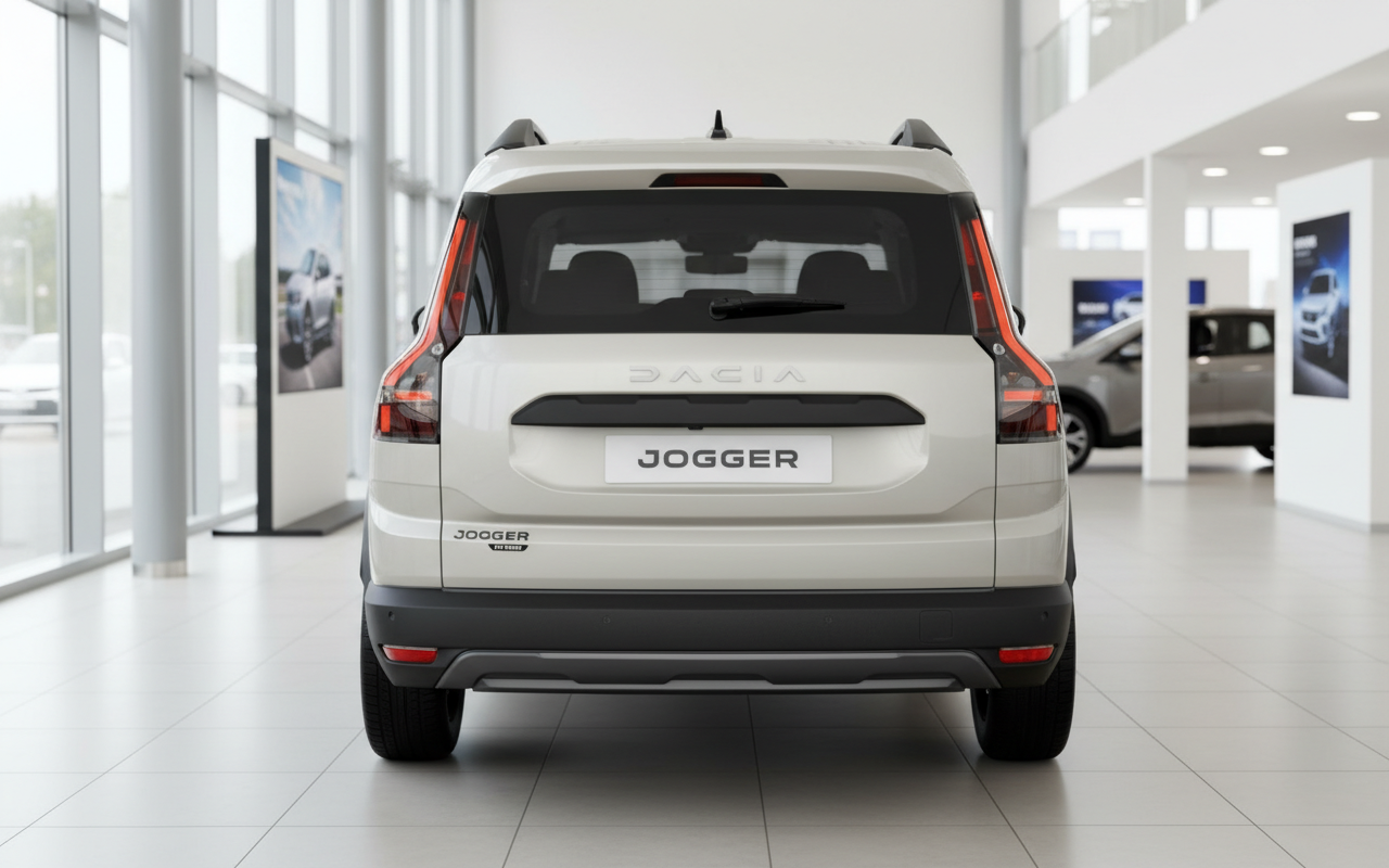 Dacia Jogger Hybrid in Weiß, Heckansicht im Autohaus-Showroom