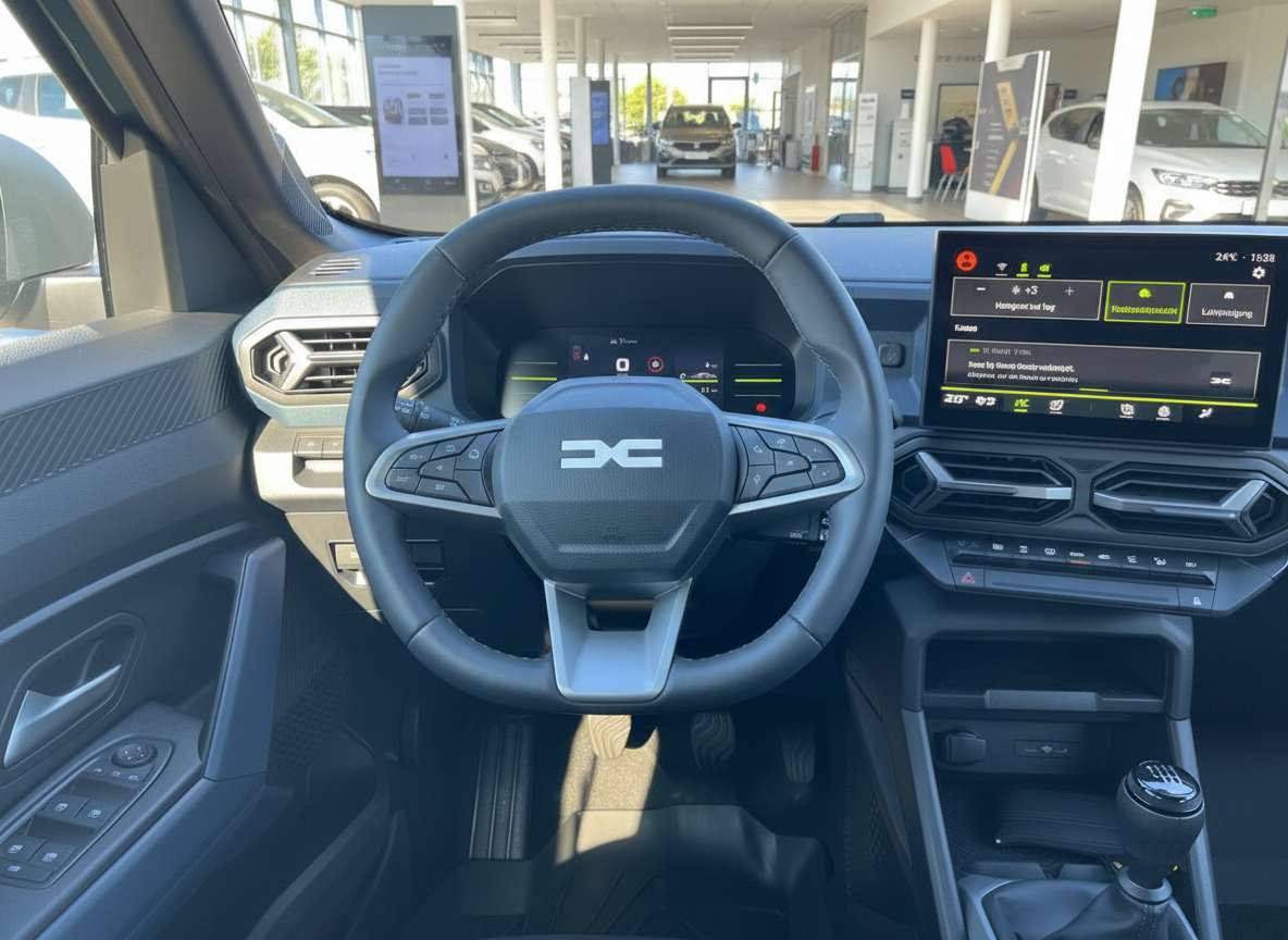 Dacia Innenraum mit Lenkrad, digitalem Cockpit und Infotainment-Display im Autohaus