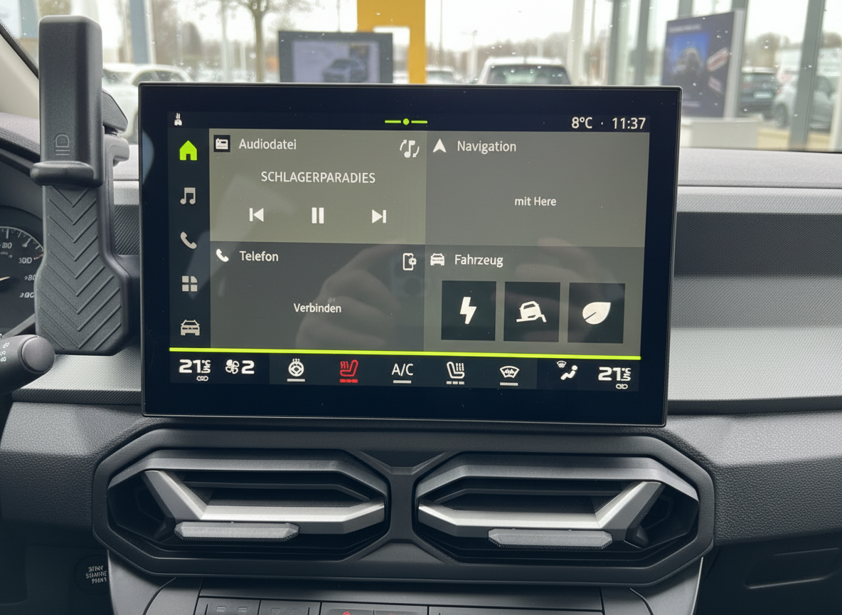 Fahrzeug-Infotainmentsystem Innenraum mit Touchscreen-Display, Klimasteuerung und Navigation