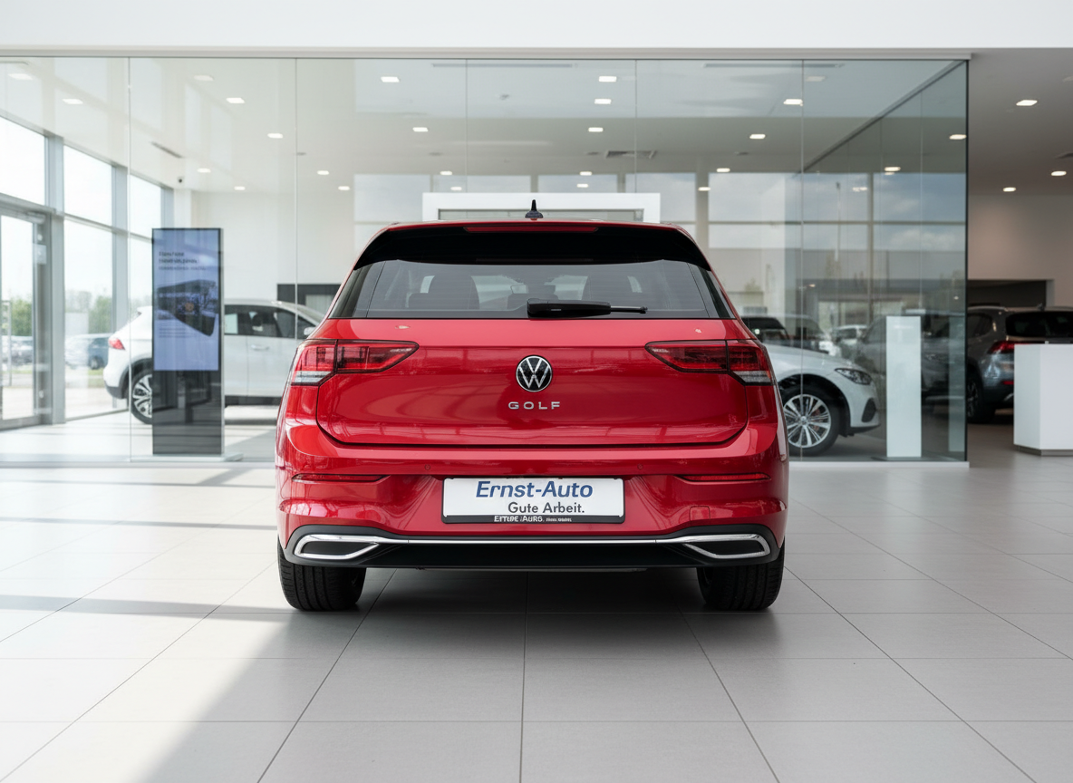 Roter Volkswagen Golf 8 Heckansicht im Autohaus Ernst-Auto