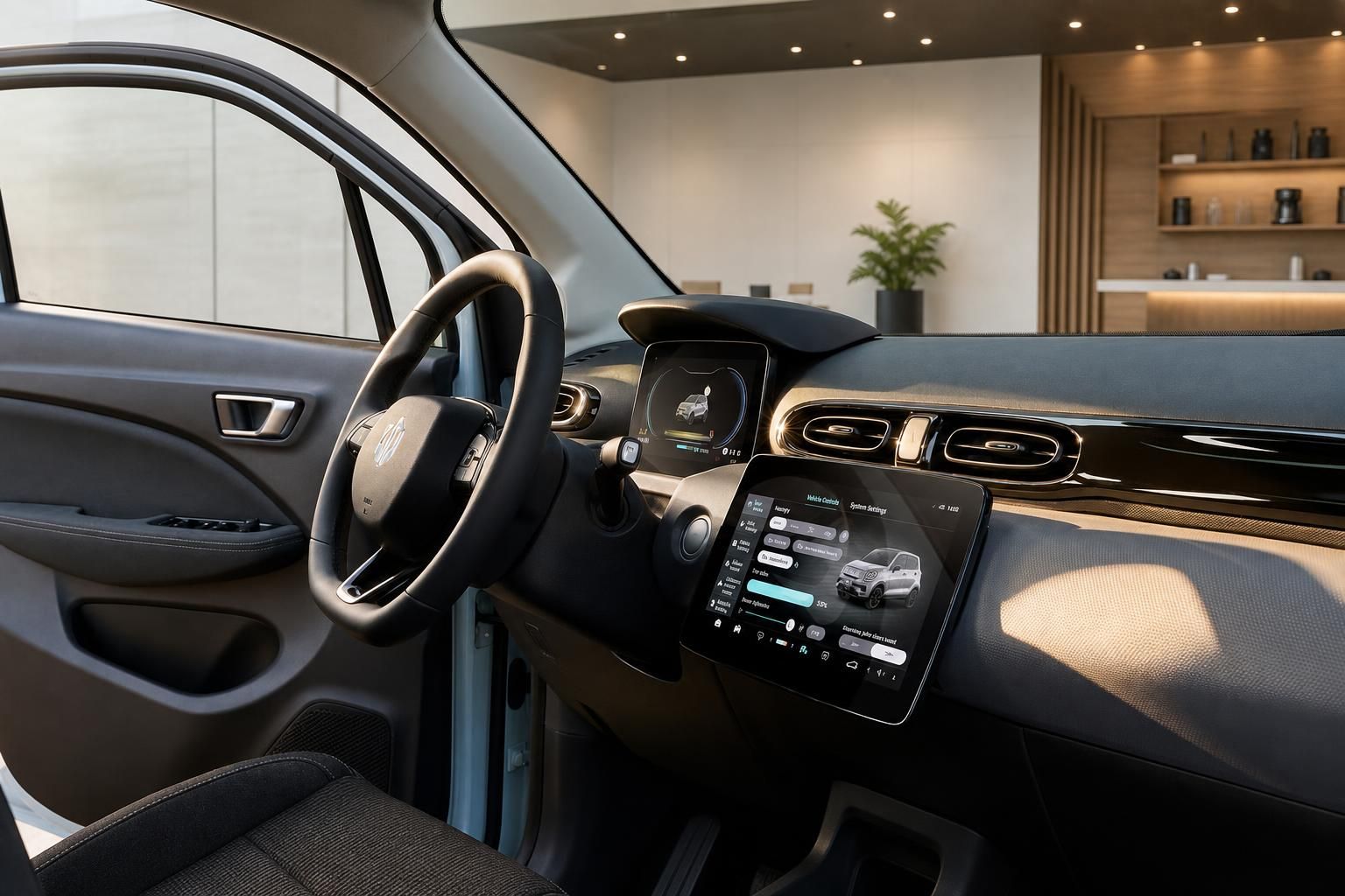 Cockpit mit Lenkrad und Touchscreen-Display im Fahrzeuginnenraum