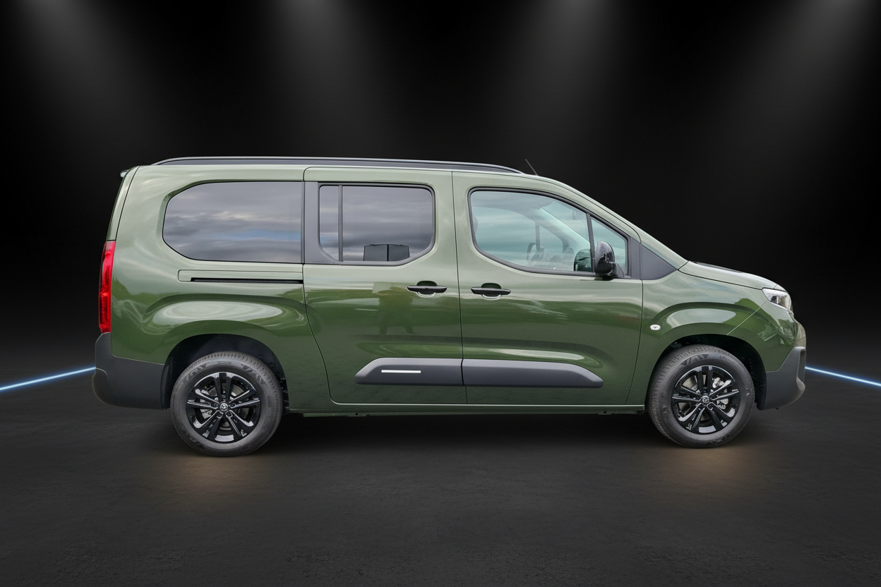 Olivgrüner Toyota Proace City Verso Seitenansicht im Studio mit schwarzem Hintergrund, Kompaktvan mit getönten Scheiben und schwarzen Alufelgen