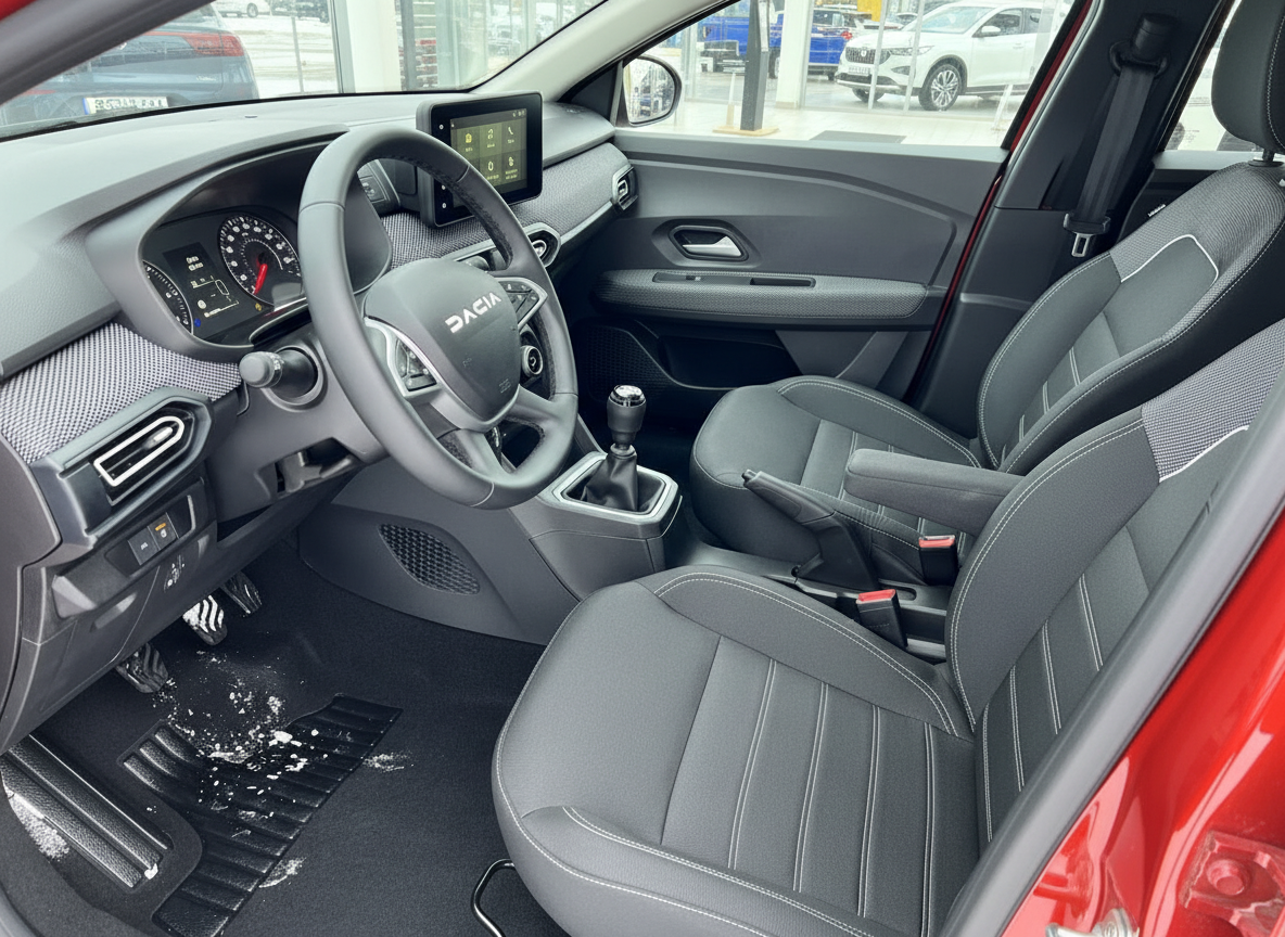 Dacia Innenraum mit schwarzen Ledersitzen, Lenkrad und Schaltgetriebe – modernes Cockpit