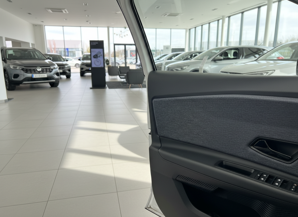 Volkswagen Innenraum Türverkleidung grau im VW Autohaus Showroom mit T-Roc im Hintergrund